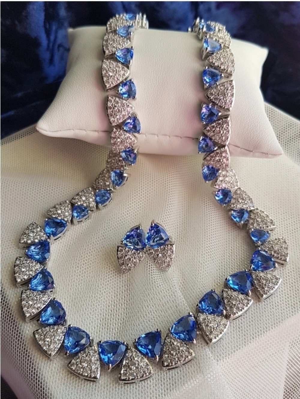Swarovski Elements Clear Pave & Blue Gemstone Triagle Statement Necklace SET NEW